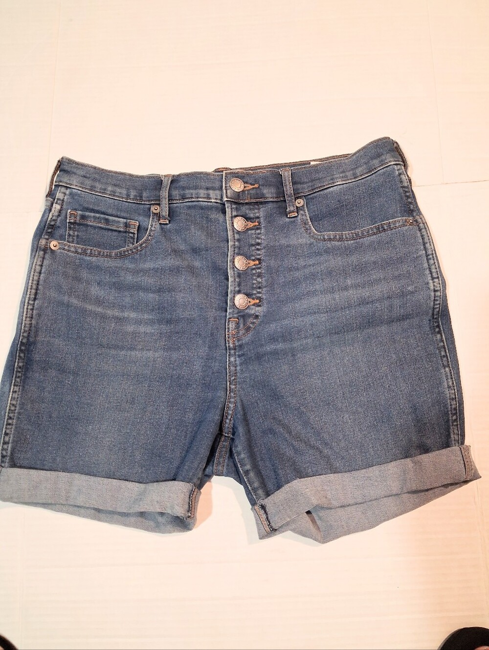 Everlane Boyfriend , DenIm Shorts , Women Blue Jean Stretch BttnUp High Rise, L